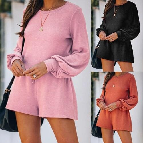 Summer New Womens Solid Color Pajamas Suit, Polyester Casual Loose Round Neck Long Sleeve Plus Size Home Wear Two-piece Set