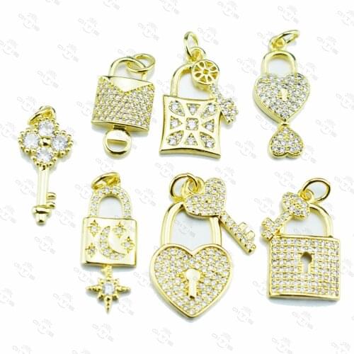 Lock Key Small Pendant Stars Moon Heart-shaped Love AAA Zircon Gold Plated Pendant DIY Bracelet Necklace Anklet Accessories