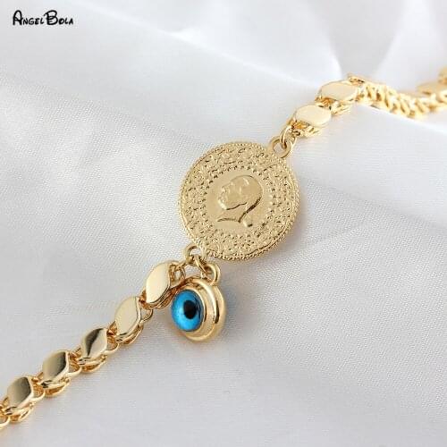 Muslim 18K Gold Bracelet 4mm Diamond Chain Evil Eye Bracelet Retro Coin Adjustable Charm Bracelets for Woman Jewelry Gift