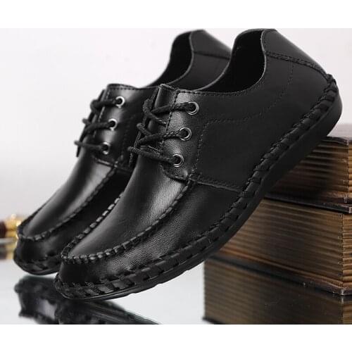 Mens Loafers Outdoor Comfortable Mens Leather Casual Shoes Hand Stitching Anti-Skid Hiking Working Driving Shoes