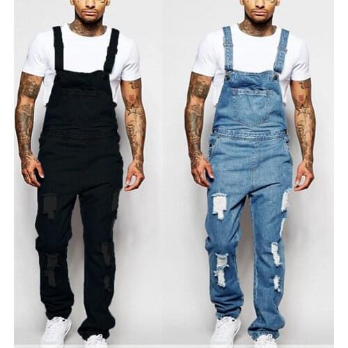 Mens Ripped Denim Overalls Fashion Full Length Suspender Pants Homme Jeans High Street Jumpsuit Distressed Casual Trousers