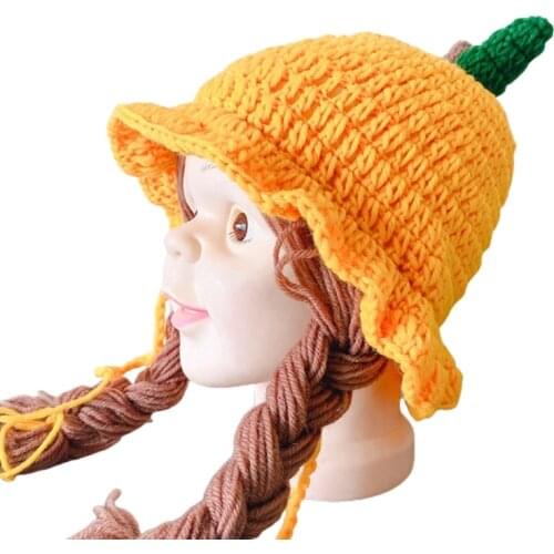 Autumn Winter Handmade Knitted Baby Girls Wig Hat Newborn Wigs Brades Kids Ear Protection Ruffle Crochet Cap with Plaits