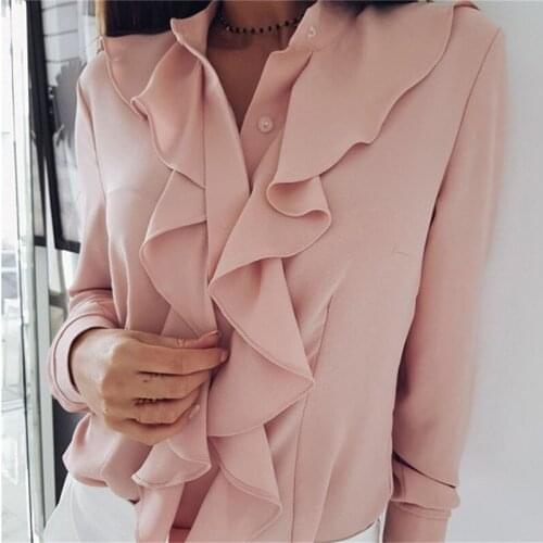 Autumn Elegant Shirts Casual Top Fashion Long Sleeve Ruffled V-neck Shirt Womens Loose Blouse Blusas