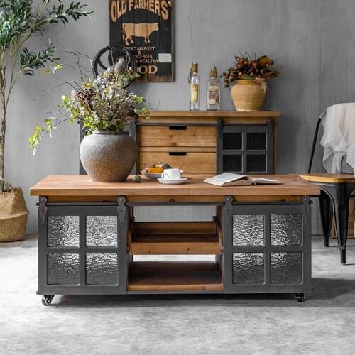 Simple Roller Movable Old Solid Wood Coffee Table Living Room Creative Multifunctional Log Tea Retro Square