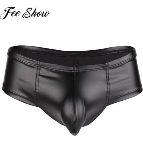 Sexy Mens Lingerie Faux Leather Bikini Briefs Underwear New Mens Lingerie Low Rise Briefs Underwear Underpants with Bulge Pouch