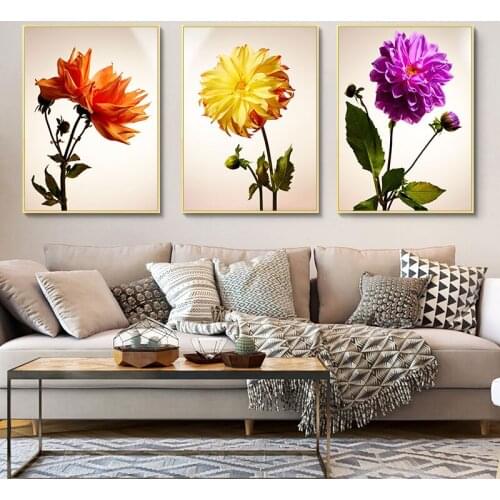 Nordic Modern Art Colorful Sunflowers Wall Pictures Dahlia Canvas Painting Wall Art Flowers Posters Prints Living Room Decor
