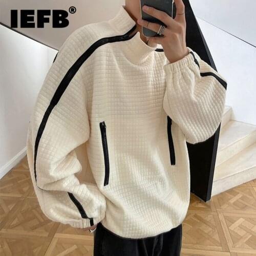 IEFB Korean Tide Mens Stand Collar Casual Sweatshirt Autumn Winter Fashion Double Zipper Sembossed Plaid Casual Pullover 9Y9358