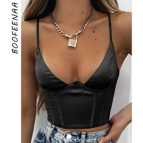 BOOFEENAA Black White Satin Corset Top Womens Fashion Sexy Cami Deep V Neck Fitted Bustier Lingerie Crop Tank Tops C68-AI10