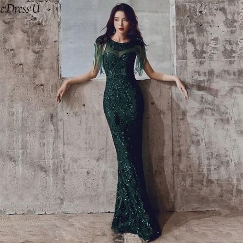 O-Neck Evening Dress Sequins Mermaid Evening Party Dress Sexy Tassels Sleeves Vestido de Fiesta Elegant Prom Dress YNY-16671