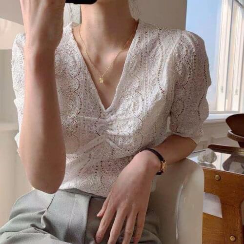 Women Blouse Summer Lace Hollow-out Short-Sleeved V-neck Top Blusas Ropa De Mujer