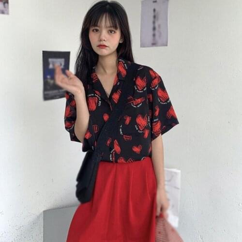 Female Gothic Love Printed Shirt Korean Style Chiffon V Neck Short Sleeved Blouse Summer Street Harajuku Vintage Loose Crop Top