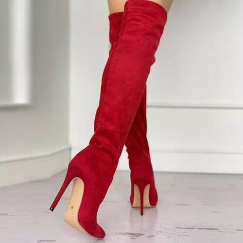 Women Suede Thigh Long Boots High Heel Pointed Toe Over The Knee Red Solid Boots 2021 Apring Autumn Plus Size Female Shoes