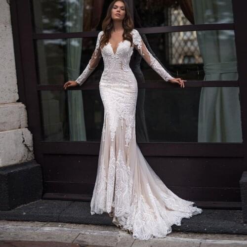 Vestidos Charming Wedding Dresses Netting Appliques V-Neck Full Sleeve Covered Button Mermaid Bridal Gowns
