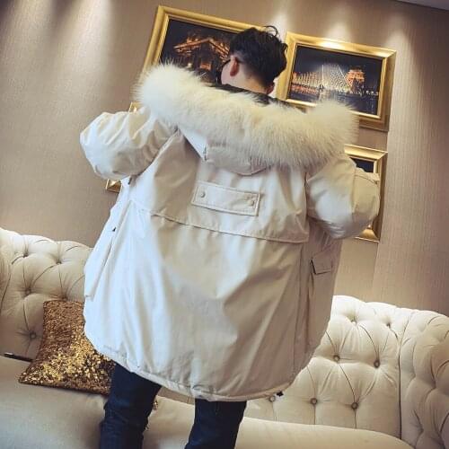 Winter Mens Solid Color Warm Parkas Long Coat Hooded Fur Collar Black White Outwear Z18