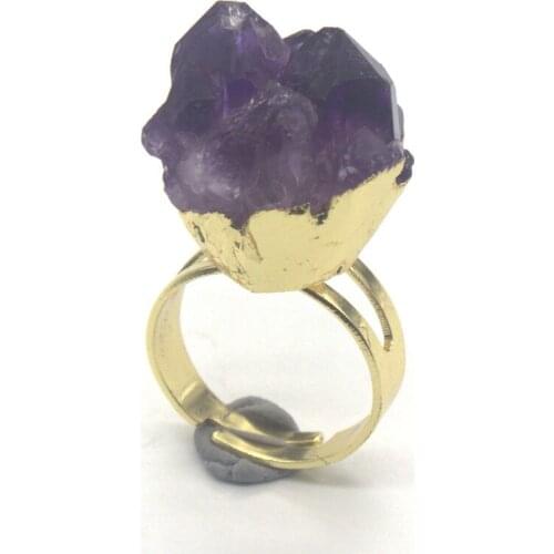 100-Unique 1 Pcs Light Yellow Gold Color Irregular Shape Natural Purple Amethysts Cluster Crystal Ring Charm Jewelry
