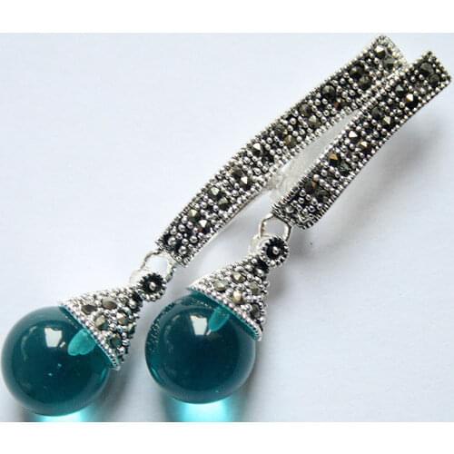 12mm Two Round blue opal cat eye 925 Sterling Silver Marcasite Pendant 58*20mm