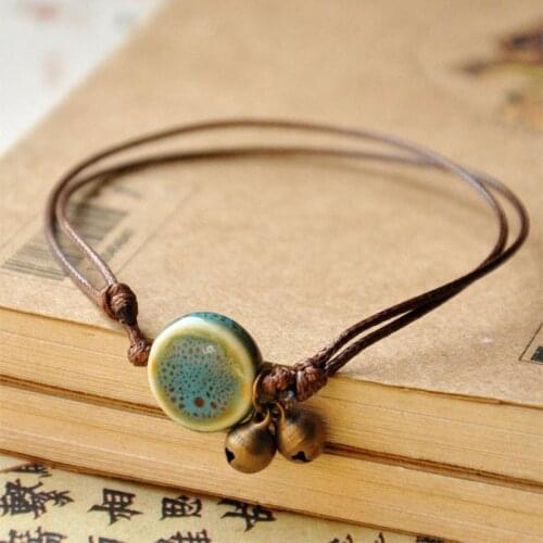 12 Pieces/Lot Heart Beads Ceramic Charm Bracelets Women Men Bells Pendant Bronze Cuff Bangle Round Braid Rope Adjustable Chains