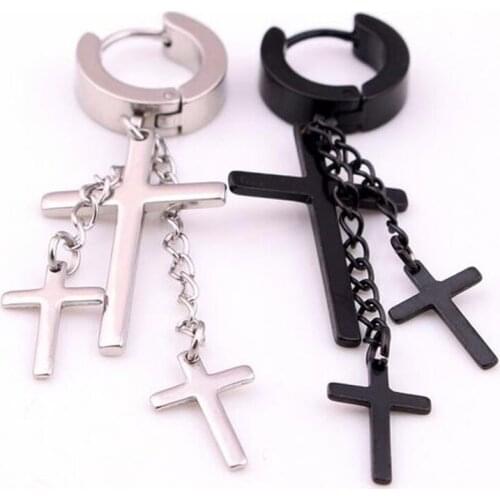 2Piece Free Shipping Fashion Punk Rock Stainless Steel Cross Crosses Huggie Earring Body Piercing Jewelry For Men Women
