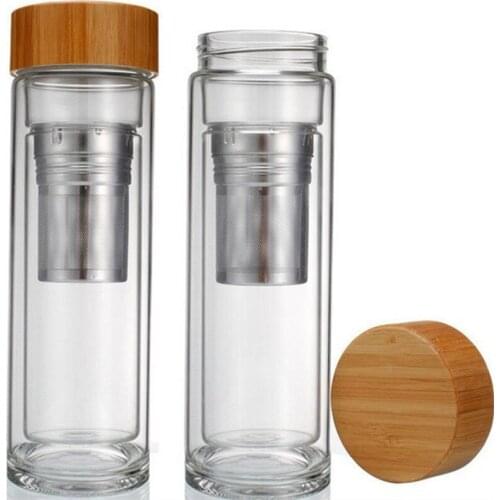 25pcs/lot 400ml Bamboo lid Double Walled glass tea tumbler. Includes strainer and infuser basket lin4183