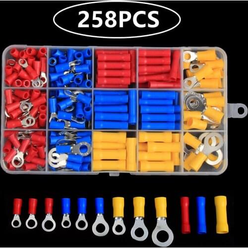 258PCS Assorted Insulated Ring Terminal Cable Wire Connector Electrical Crimp Terminal Electrical Wire Crimp Butt Ring Lugs Kit
