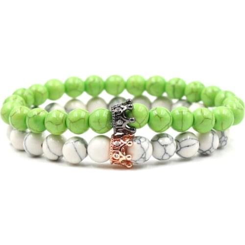 8mm 2PCS/Set xg53 elastic adjusted nature green white Howlite bead micro pave cz zircon cubic zirconia Crown Bracelet