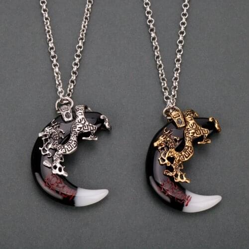 Antique Bronze Tribal Stark Amulet Wolf Fang Tooth Pendant Necklace Vintage Wolf Tooth Dragon Necklace Jewelry for Men