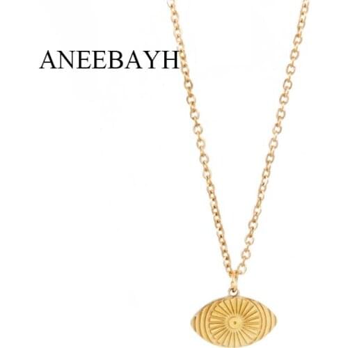 Boho Simple Eye Shape Geometric Pendant Necklaces Engraved Sun Pattern Charm Clavicle Necklace For Women Stainless Steel Jewelry