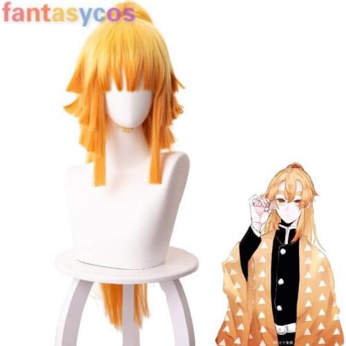 Demon Slayer Kimetsu No Yaiba Agatsuma Zenitsu Cosplay Gold Yellow Wig Heat Resistant Synthetic Wigs+ Free Wig Cap