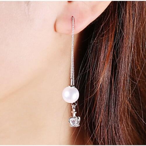 Elegant Chain Drop Earring For Women Crown Earrings with Clear CZ Zirconia Wine Ear Pearl Jewelry For Birthday Gift A00011