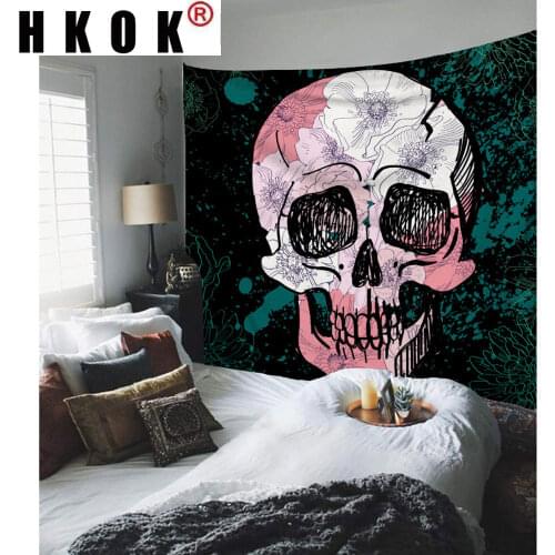 HKOK Skull Tapestry Wall Hanging Flowers Divination Tarot Ouija Witchcraft Hippie Wall Carpet Psychedelic Polyester Home Decor