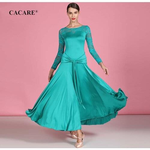 CACARE 2020 Ballroom Dance Competition Dresses Waltz Dress Standard Dance Dresses Elegant D0320 Big Ruffled Hem Lace Sleeve