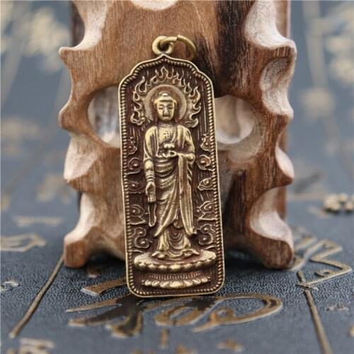 Copper Sakyamuni Buddha Statue Tags Ornaments Brass Key Chains Necklaces Pendants Buddhism Mantra Amulet Home Desk Decorations