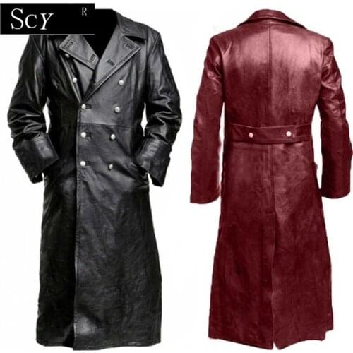 MENS GERMAN CLASSIC WW2 MILITARY UNIFORM OFFICER BLACK REAL LEATHER TRENCH COAT Gothic