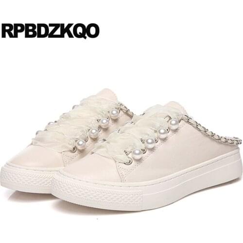 Creepers Platform Shoes Pearl Muffin Slippers Chain Real Leather Sneakers Thick Sole Trainers Women Brand Mules Elevator Sandals