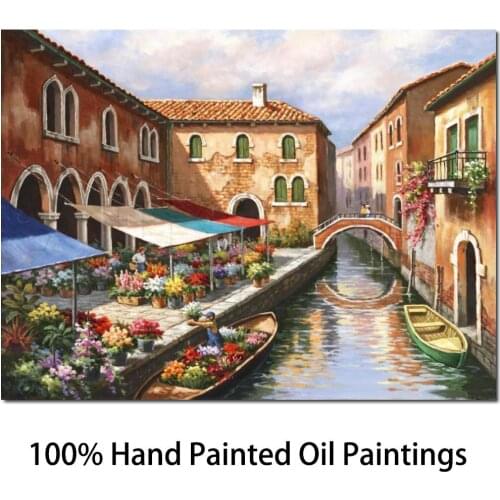 High quality handmade landscape oil painting Venice Flower Market on the Canal modern art Italian Village picture for home decor