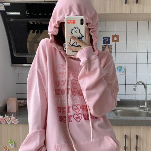 2021 New Ins Pink Embroidered Hoodie with Velvet Plus Thick Girl Lazy Wind Top Hoodies Women