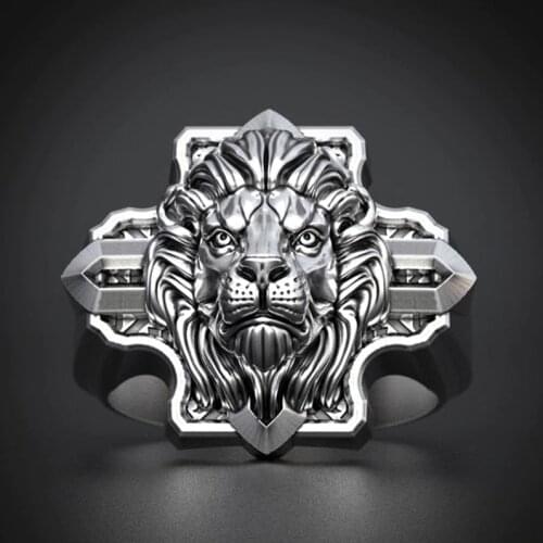 New Fashion Domineering Men Ring Personality Cross African Grassland Lion Ring for Men Punk Motorcycle Jewelry Anniversary Gift