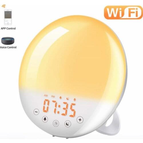 New Sunrise Alarm Clock WiFi Smart 7 Colors Sunrise/Sunset FM Radio Digital Nightlight Clock Wake Up Light For Alexa Google Home