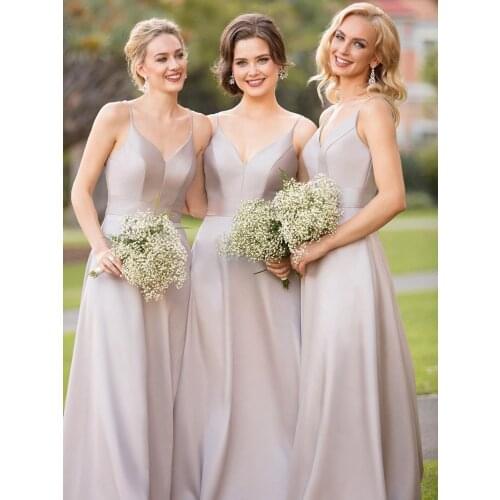 Grey Elegant Formal Wedding Bridesmaid Dress 2020 New V-Neck Sleeveless Backless Floor Length Court Train Simple Party Gowns