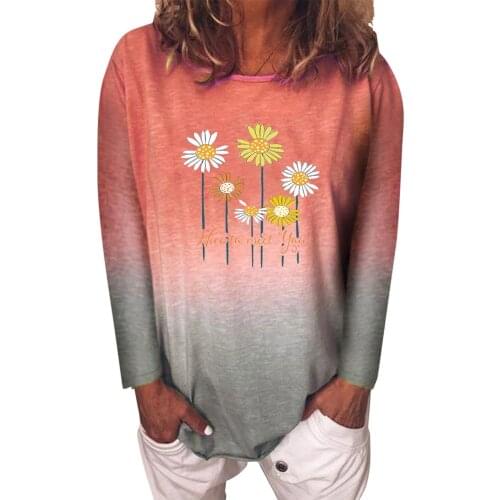 Daisy Print T-Shirt Long Sleeve Top 2021 Spring Autumn Women Tee Shirts Casual O-Neck T-Shirts Female Loose Tops Gradient Tee
