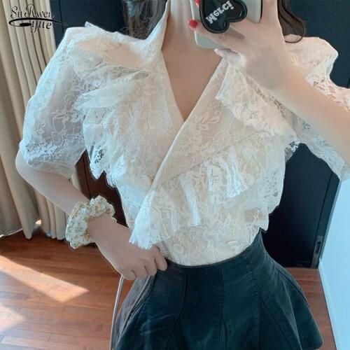 2021 Summer New Ruffled V-neck Short Sleeve Womens Shirt Vintage Lace Shirt French Style Puff Sleeve Chiffon Blouse Women 13917