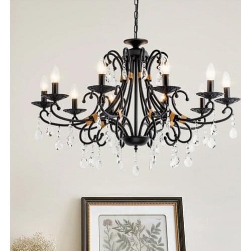 American Crystal Chandelier Light Luxury Living Room Home Lamp Country Retro Wrought Iron Chandelier Bedroom Black Crystal Light