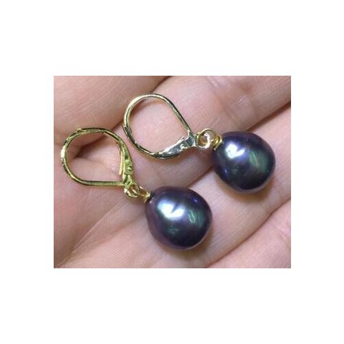 Free shipping Wholesale price 11x13mm Black South Sea Drop Pearl Dangle Earring Leverback 14/20 yellow Gold