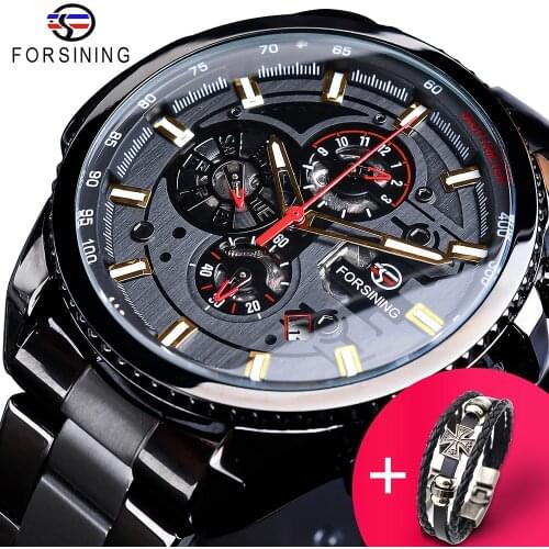 Forsining Watch + Bracelet Set Combination 2019 Black Clock Steampunk Complete Calendar Mens Sports Mechanical Automatic Watches