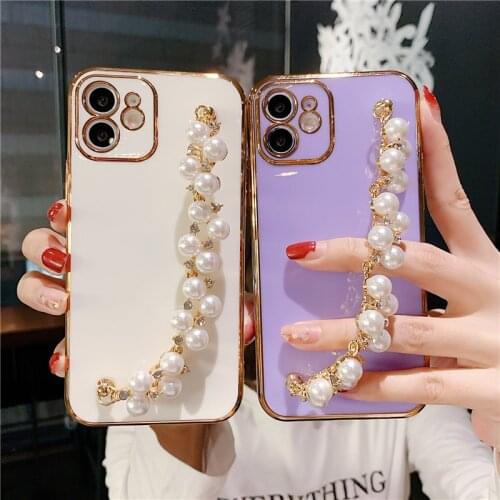 Candy Color Electroplated Pearl Bracelet Phone Case For iPhone 11 12 Pro X XR XS Max Mini 7 8 Plus SE 2020 Glossy 6D TPU Back