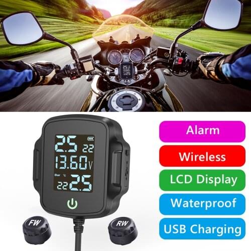 Motorcycle TPMS Motor Tire Pressure Sensor Gauge Tire Temperature Monitoring Alarm System w/ QC 3.0 USB Fast Charging Charger