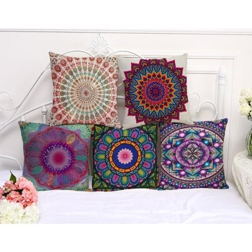Decorative Pillow Case Geometric Flower Mandala Pillowcase 17.5 Inch Cotton Linen Chair Seat Throw Pillow Cover P1060