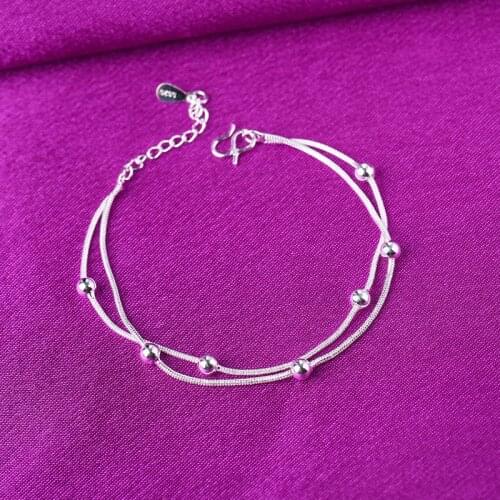 Double Layer 925 Sterling Silver Round Bead Charm Bracelets & Bangles Anklet For Women Wedding Party Jewelry A178