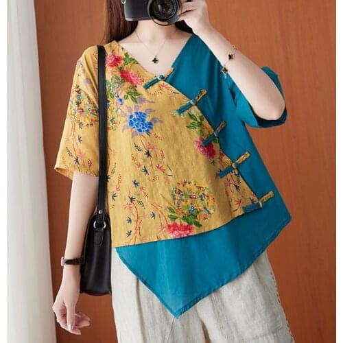 Oversized Cotton Linen T Shirt Women New 2021 Summer Vintage Chinese Style Clothing Women Print Loose Oversize Femme Tops 12693
