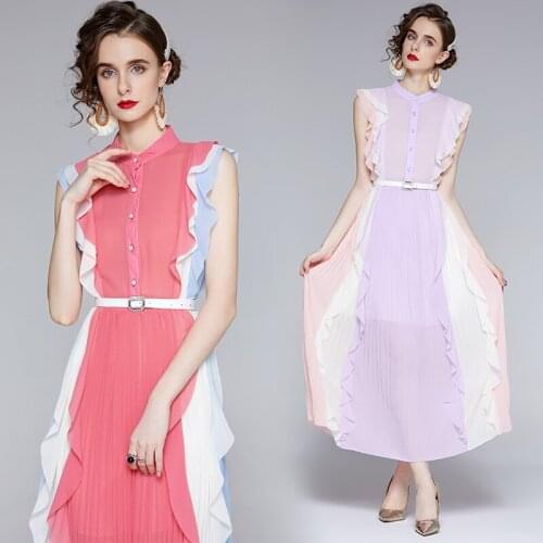 Summer Womens New Retro Slim-Fit Spell Color Gradient Colored Ruffle Vest Pleated Dress